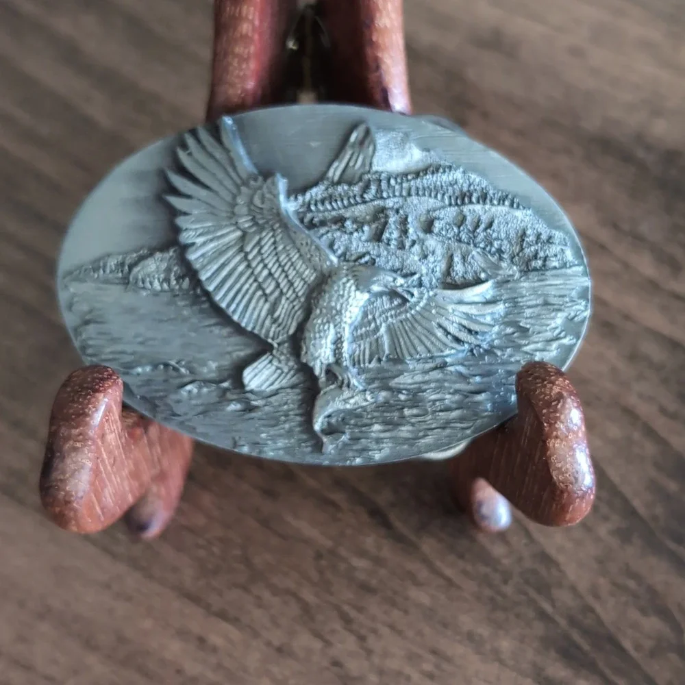 Vintage Bergamot Brass Works Belt Buckle Pewter Eagle Fish Mountain U-256 USA
